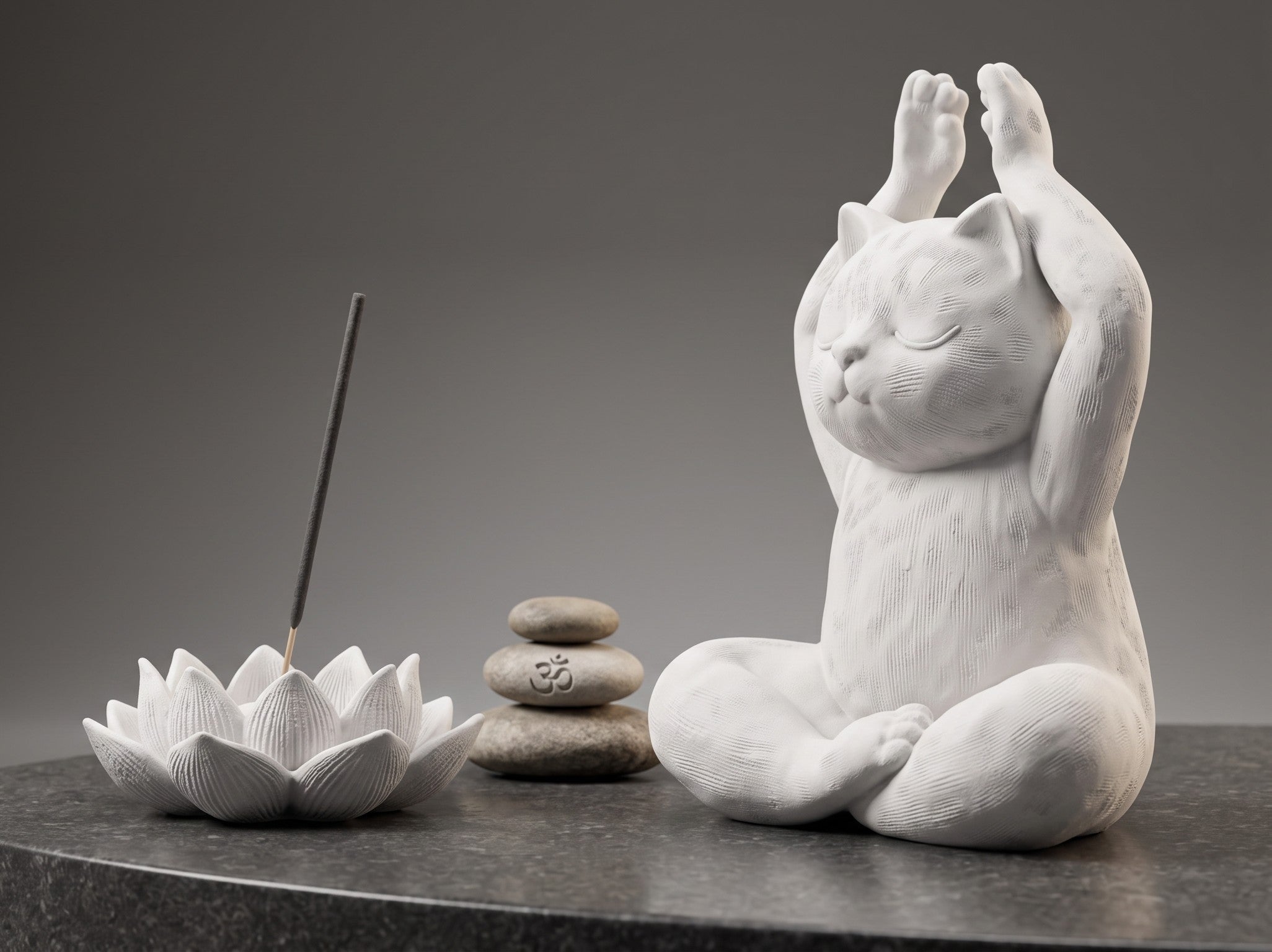 Statua Gatto Yoga in resina nera opaca in posa meditativa lotus con dettagli scolpiti e design zen elegante