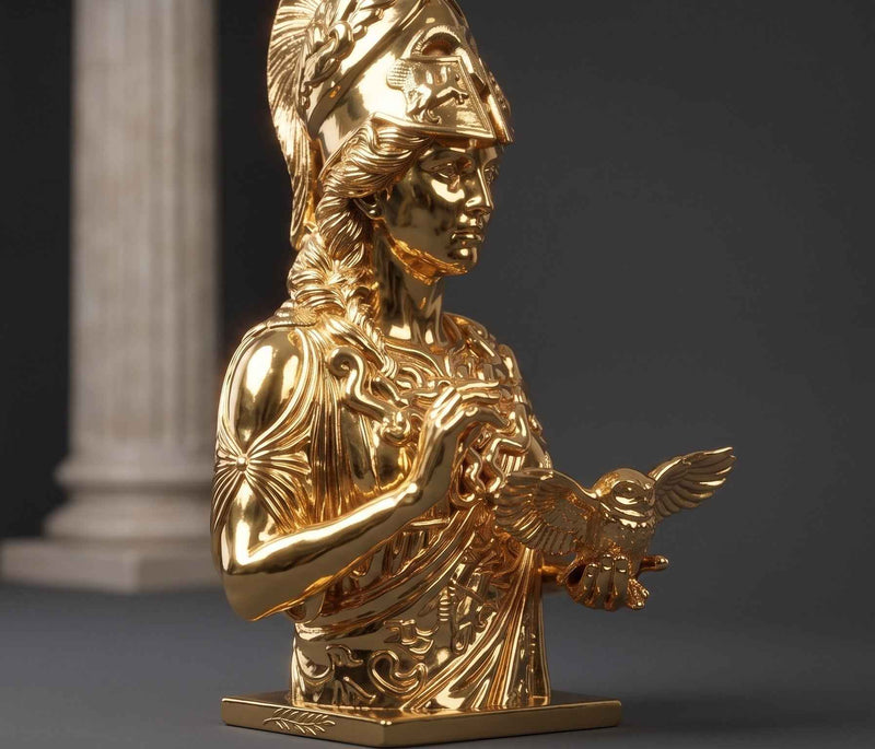 Statua dorata Busto Atena Dorata con Civetta | Scultura Mitologia Greca