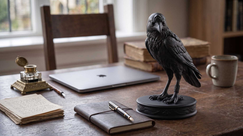 Statuetta di Corvo Nero con Tre Occhi, Elegante Scultura Gotica per Arredamento Casa
