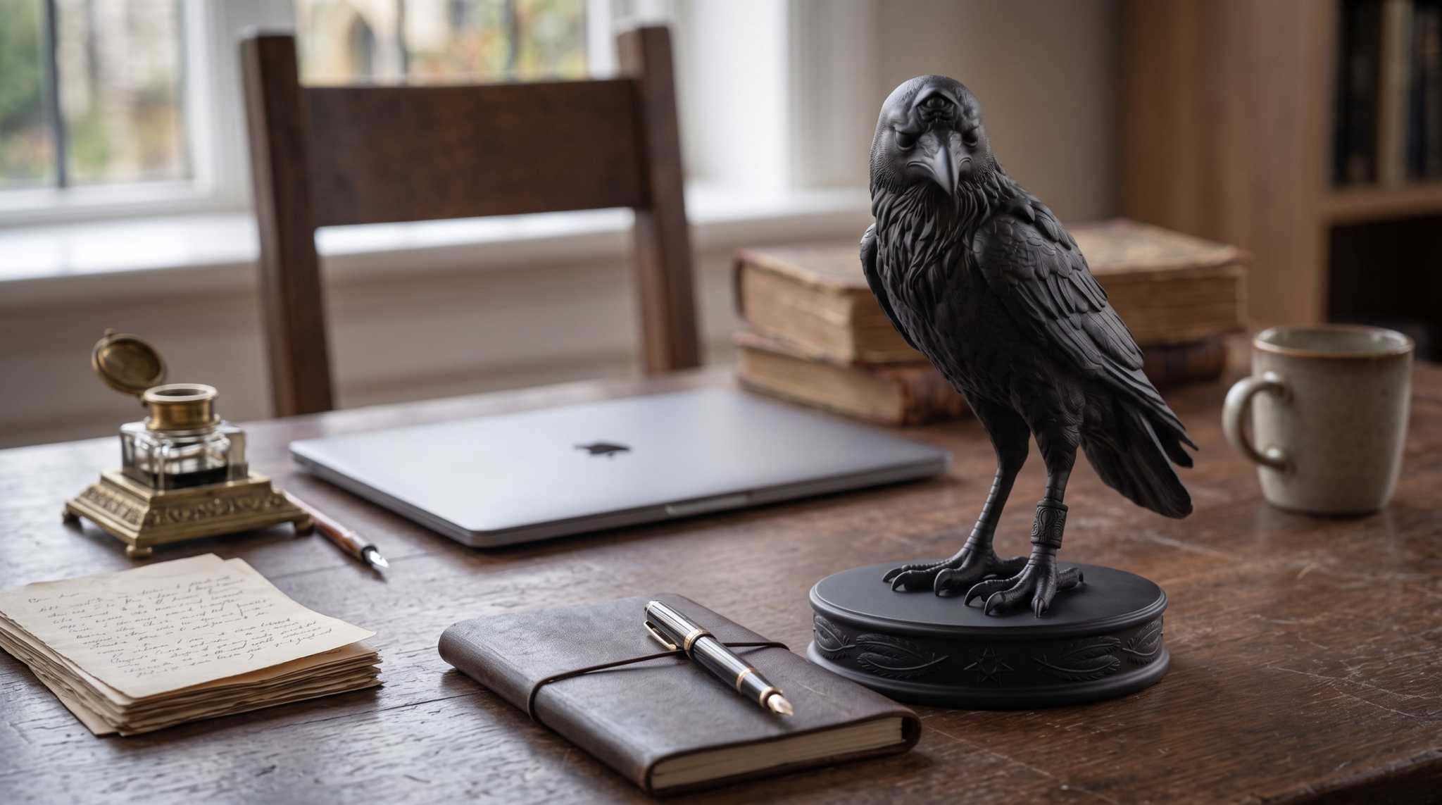 Statuetta di Corvo Nero con Tre Occhi, Elegante Scultura Gotica per Arredamento Casa
