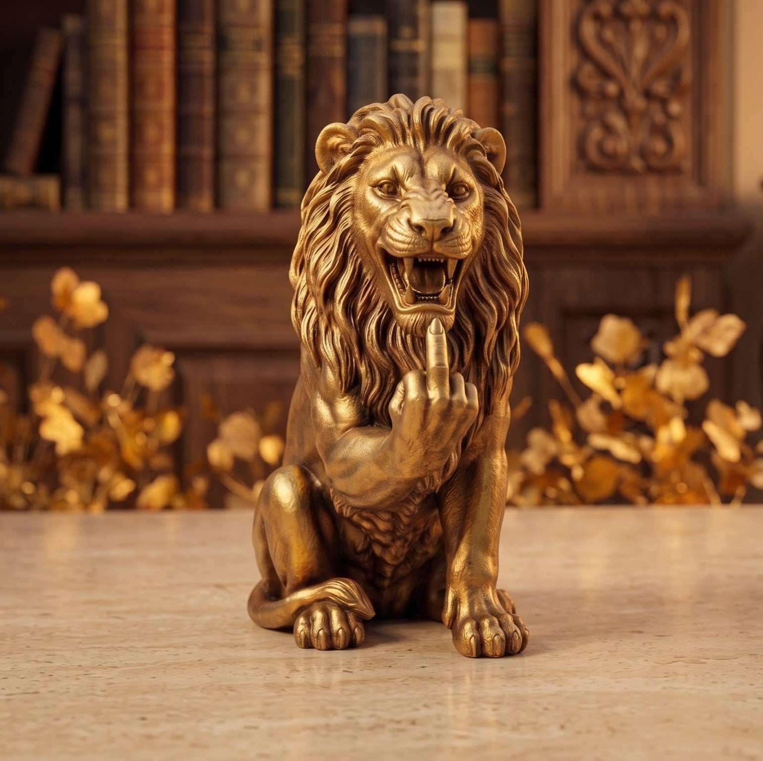 Golden Middle Finger Lion Statue – Irreverent and Pop Art Table Sculpture