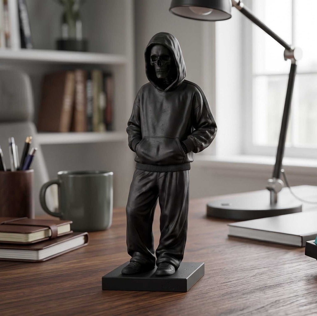 Statua Scheletro Streetwear in Resina Nera – Scultura Ragazzo Chill con Felpa e Cappuccio | Arredo Moderno Urban, Gothic & Desktop
