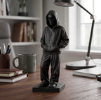 Statua Scheletro Streetwear in Resina Nera – Scultura Ragazzo Chill con Felpa e Cappuccio | Arredo Moderno Urban, Gothic & Desktop