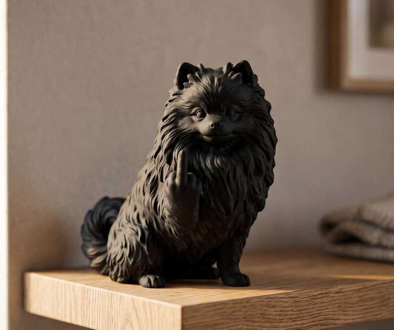 Statuetta cane Pomerania in resina 3D, elegante e ribelle, disponibile in nero e bianco