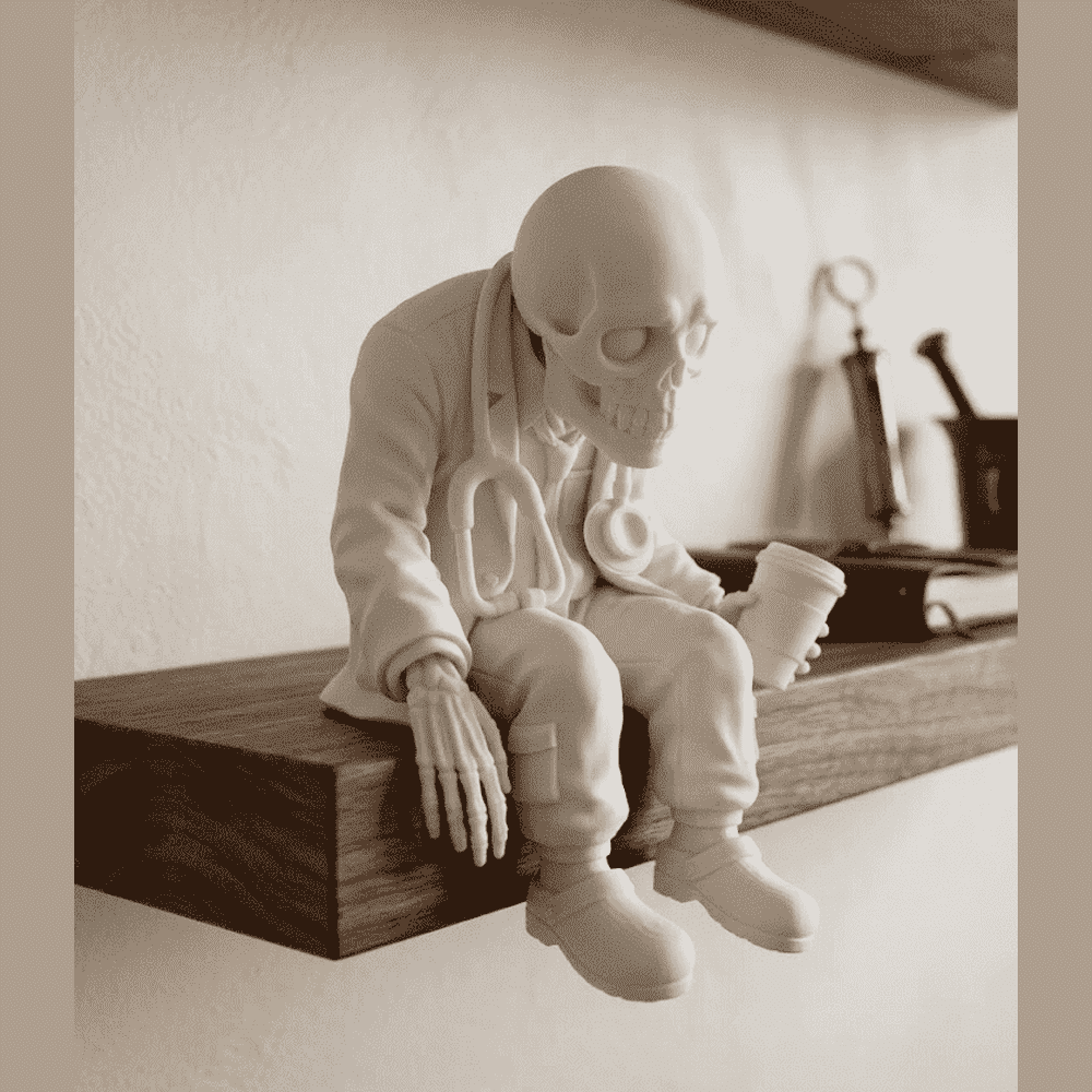 Pensive Skeletons — Ironic Figurines in Matte White Resin. Daily life, seen from the other side. Small skeletons caught in a moment of pause and irony: drinking coffee, playing, cooking, or simply reflecting. Taraflo Taraflo Pensive Skeletons