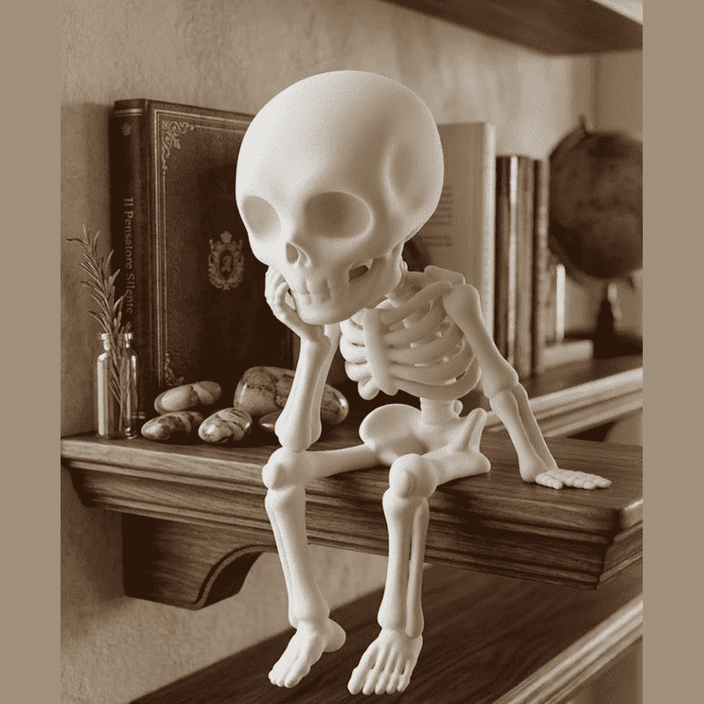 Worried Skeletons — Ironic Figurines in Matte White Resin. Daily life, seen from the other side. Small skeletons caught in a moment of pause and irony: drinking coffee, playing, cooking, or simply reflecting. TarafloTaraflo Worried Skeletons