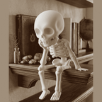 Worried Skeletons — Ironic Figurines in Matte White Resin. Daily life, seen from the other side. Small skeletons caught in a moment of pause and irony: drinking coffee, playing, cooking, or simply reflecting. TarafloTaraflo Worried Skeletons