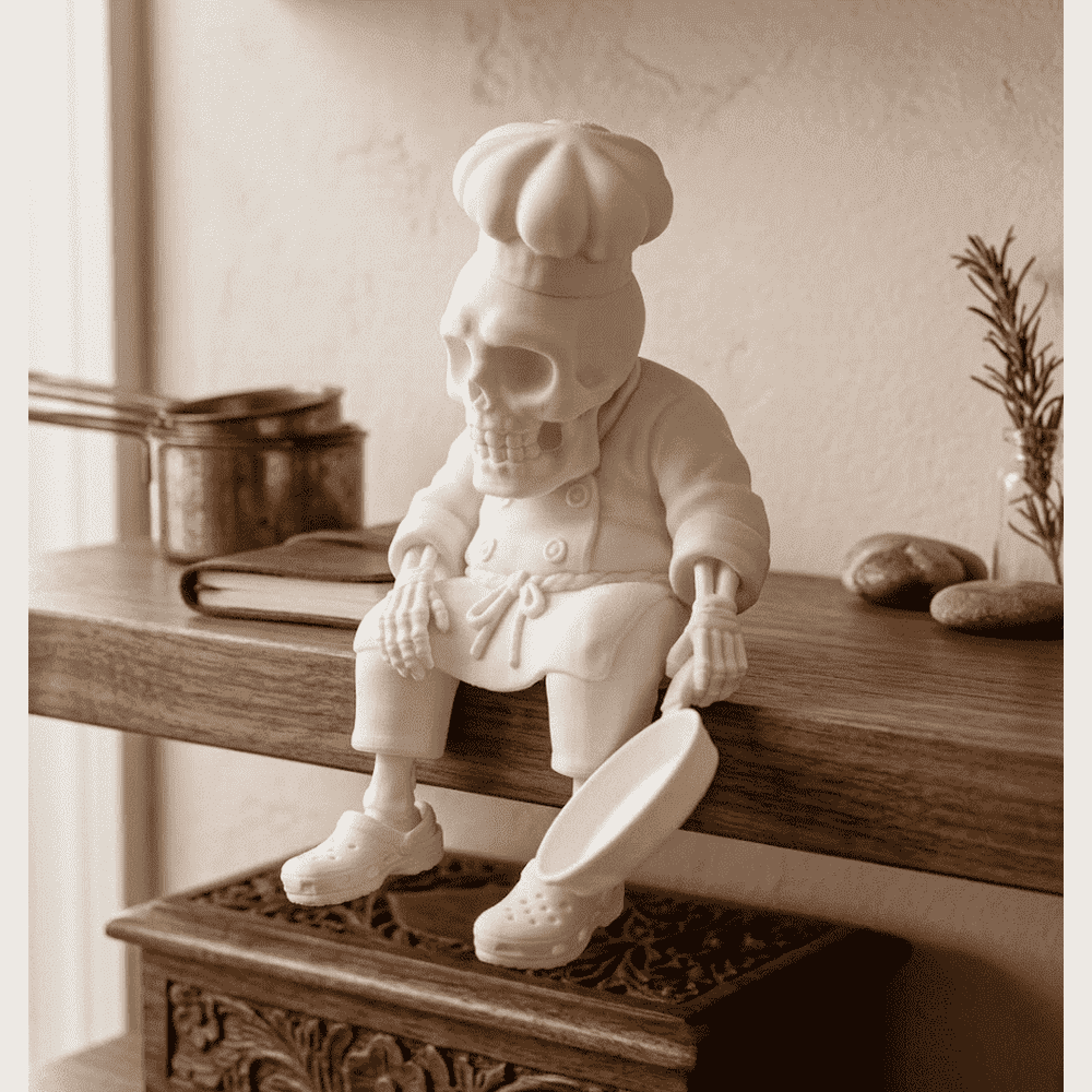 Pensive Skeletons — Ironic Matte White Resin Figurines. Daily life, seen from the other side. Small skeletons caught in a moment of pause and irony: drinking coffee, playing, cooking, or simply reflecting Taraflo Taraflo Pensive Skeletons