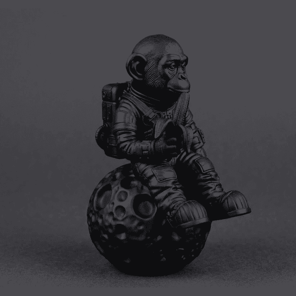 Scimmia Astronauta su Meteora — Statuetta Spaziale in Resina Nera Opaca - Taraflo