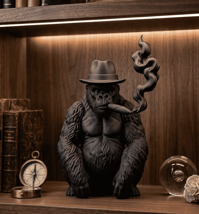 Gorilla «The Smoking Ape» — Scultura da Collezione in Resina Nera Opaca - Taraflo