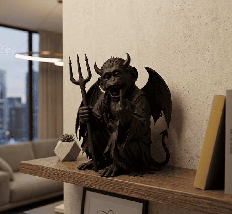 Demone Scimmia — Statua Dark Fantasy in Resina Nera Opaca - Taraflo