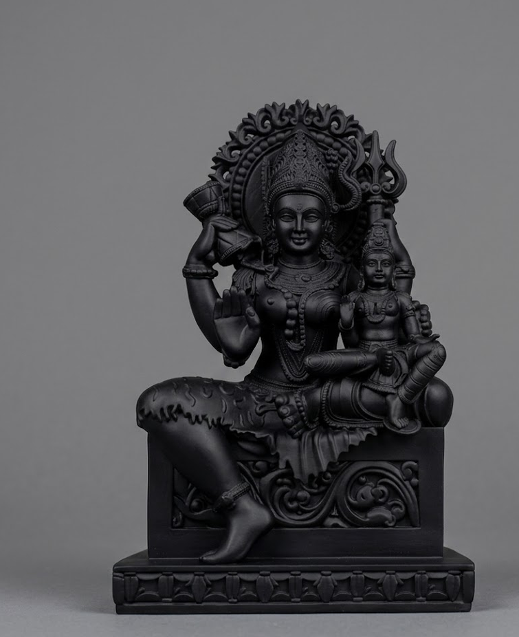 Statua Divinità Indù con Bambino in Resina Nera Opaca | Scultura Shiva Parvati Ganesha Arte Orientale