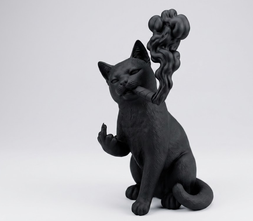 Gatto Nero Ribelle con Sigaro – Scultura Realistica in Resina Nera Opaca