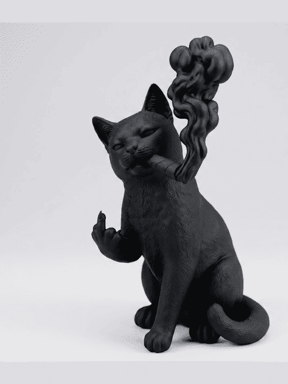 Gatto Nero «Ribelle» con Sigaro — Statuetta da Collezione in Resina Nera Opaca - Taraflo