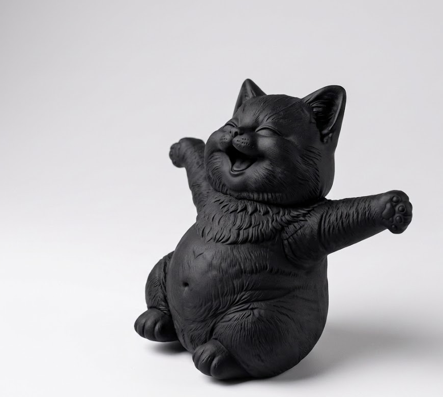Statuetta Gattino Felice con Braccia Aperte in Resina Opaca Bianca o Nera – Scultura Decorativa Gatto Sorridente Portafortuna – Soprammobile Design Moderno Simbolo di Gioia, Positività e Fortuna  – Idea Regalo per Amanti dei Gatti e Cat Lover