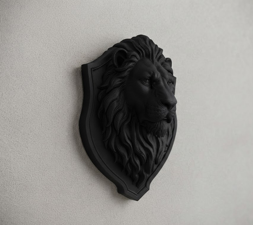 Scultura 3D da Muro Leone Araldico Rex in Nero Opaco - Scudo Decorativo Eleganza Moderna per Interni di Lusso - Stile Gotico e Classico - – vista laterale | Taraflo