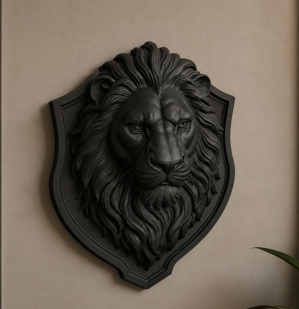 Scultura 3D da Muro Leone Araldico Rex in Nero Opaco - Scudo Decorativo Eleganza Moderna per Interni di Lusso - Stile Gotico e Classico - – dettaglio ravvicinato | Taraflo