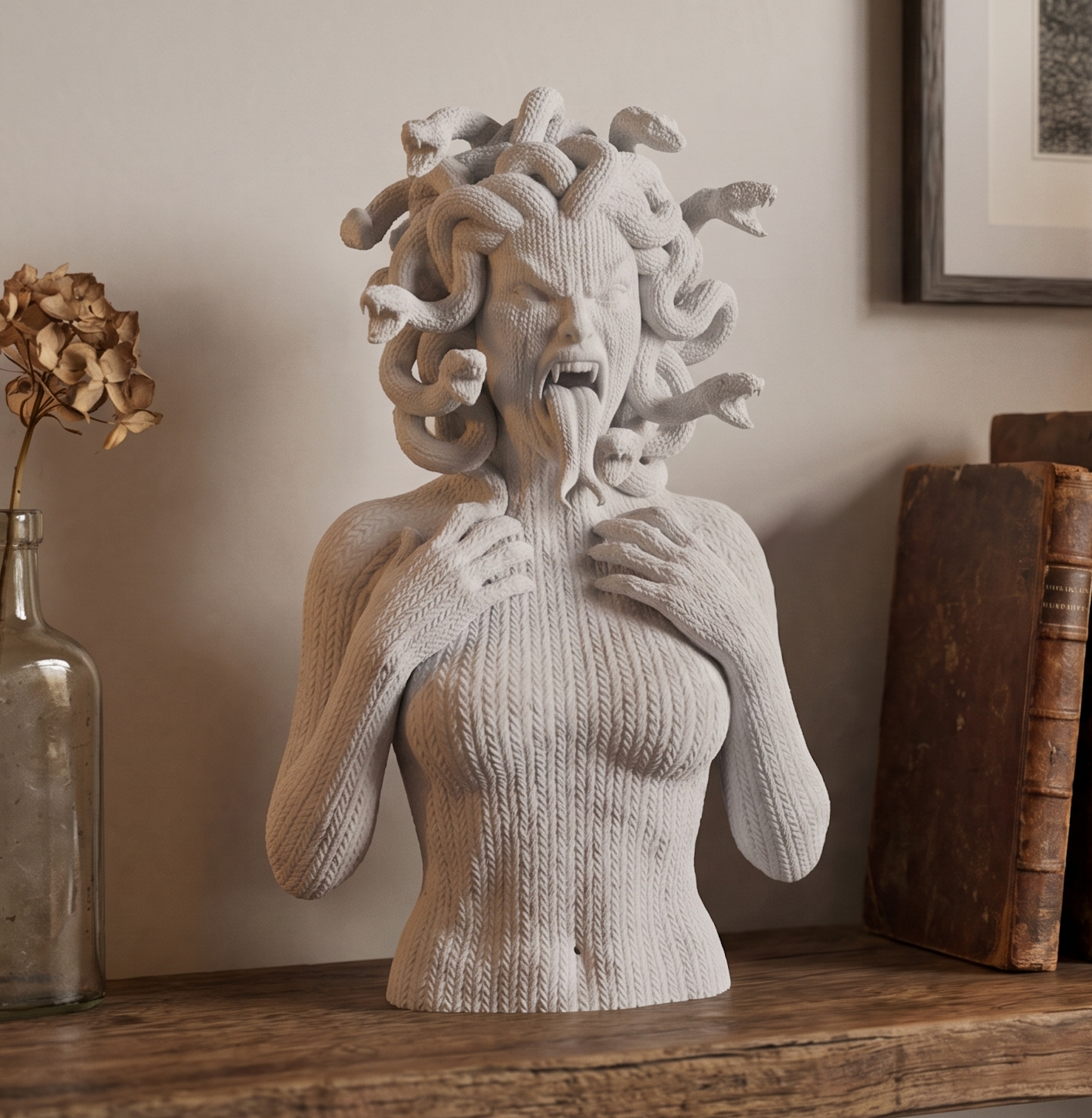Statua busto Medusa urlante in resina bianca opaca con texture effetto maglia, decor gotico mitologia greca