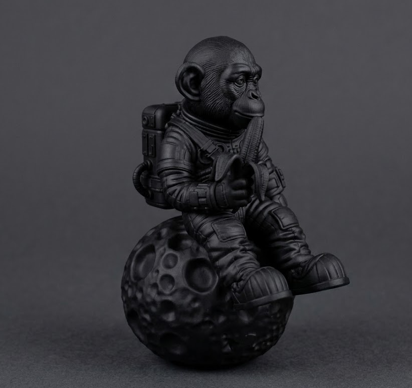 Scultura Scimmia Astronauta su Meteora - Statuetta in Resina Nera Opaca - Decorazione Spaziale Artigianale