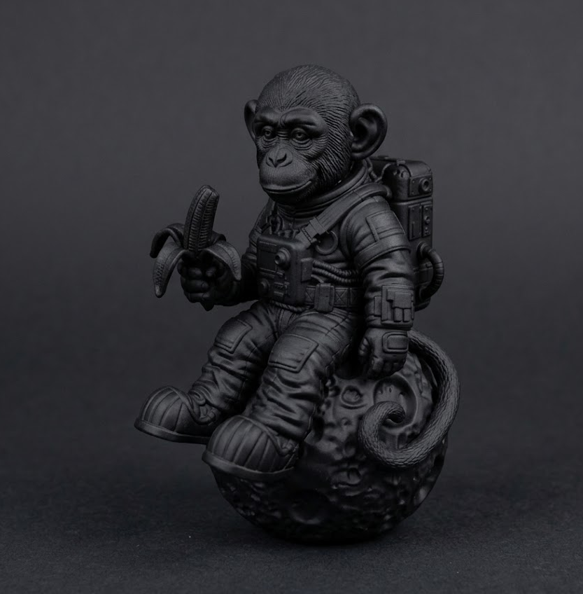 Scultura Scimmia Astronauta su Meteora - Statuetta in Resina Nera Opaca - Decorazione Spaziale Artigianale