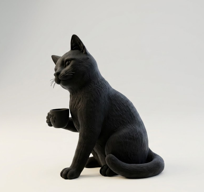 Gatto Nero con Tazzina in Resina Opaca – Statua Realistica Design Moderno | Decorazione Casa, Coffee Lover, Idea Regalo Unica