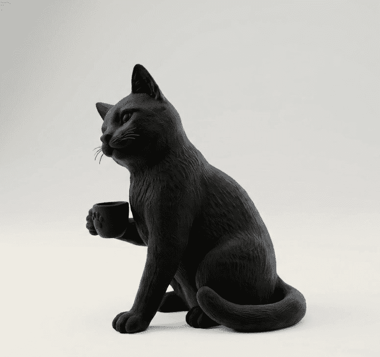 Gatto Nero con Tazzina — Statuetta da Collezione in Resina Nera Opaca - Taraflo