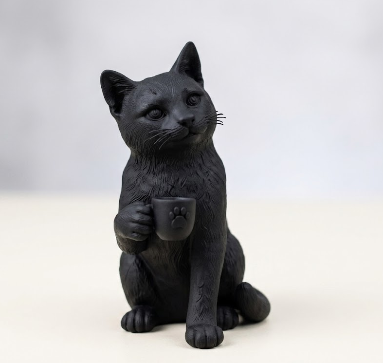 Gatto Nero con Tazzina in Resina Opaca – Statua Realistica Design Moderno | Decorazione Casa, Coffee Lover, Idea Regalo Unica