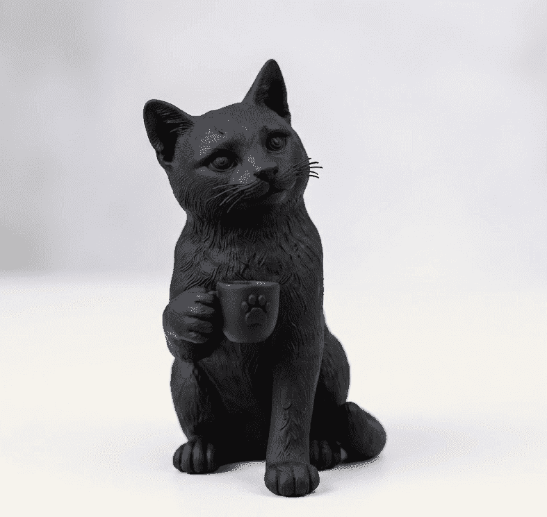 Gatto Nero con Tazzina — Statuetta da Collezione in Resina Nera Opaca - Taraflo