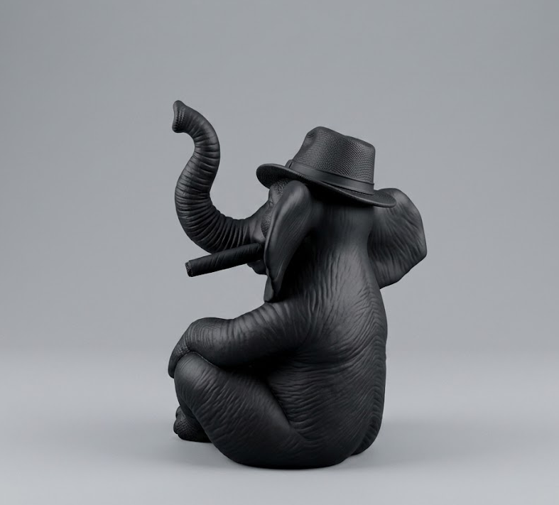Elefante Mafioso "The Boss" in Resina Nera Opaca – Statuetta Decorativa Irriverente, Design Moderno e Originale per Arredamento Interni