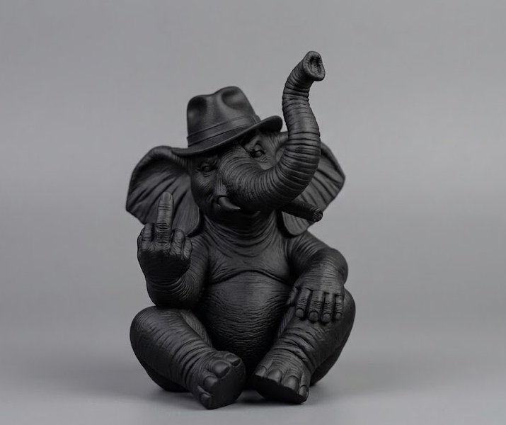 Elefante Mafioso "The Boss" in Resina Nera Opaca – Statuetta Decorativa Irriverente, Design Moderno e Originale per Arredamento Interni