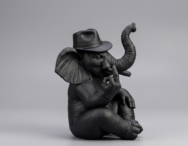 Elefante Mafioso "The Boss" in Resina Nera Opaca – Statuetta Decorativa Irriverente, Design Moderno e Originale per Arredamento Interni