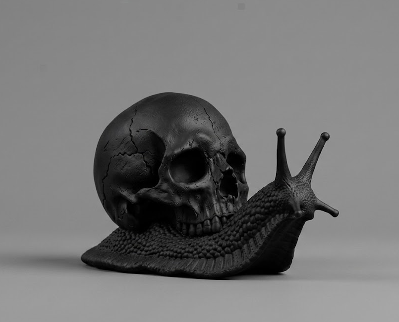 Memento Mori – Scultura Teschio su Lumaca in Resina Nera Opaca | Decorazione Gothic di Design | Arredo Dark Moderno