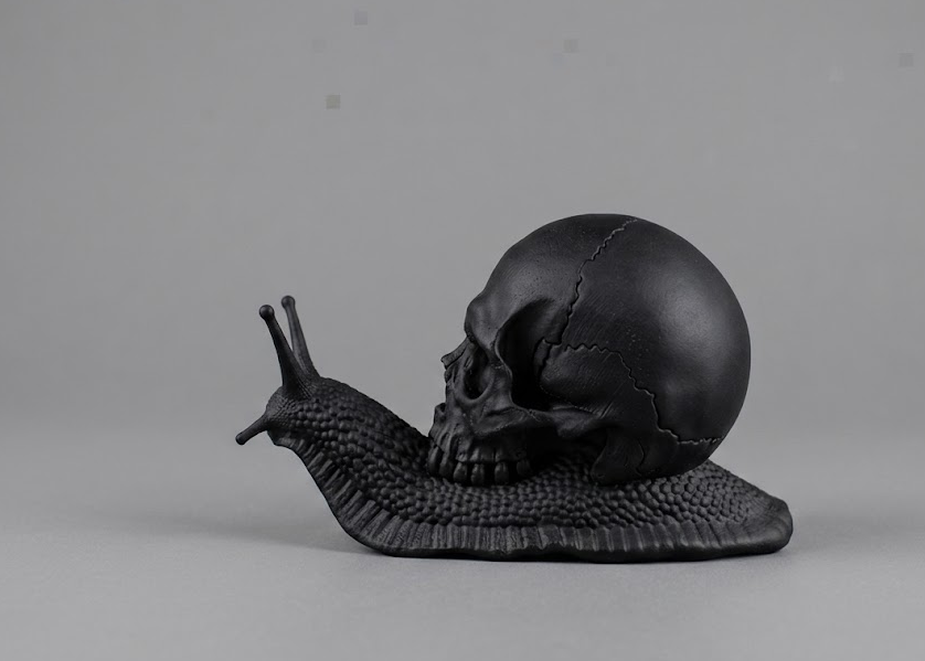 Memento Mori – Scultura Teschio su Lumaca in Resina Nera Opaca | Decorazione Gothic di Design | Arredo Dark Moderno