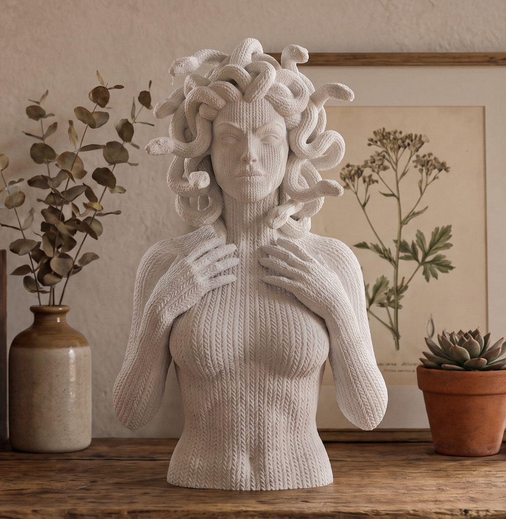 Statua busto Medusa in resina bianca opaca con texture effetto maglia lavorata a mano, decor mitologia greca boho