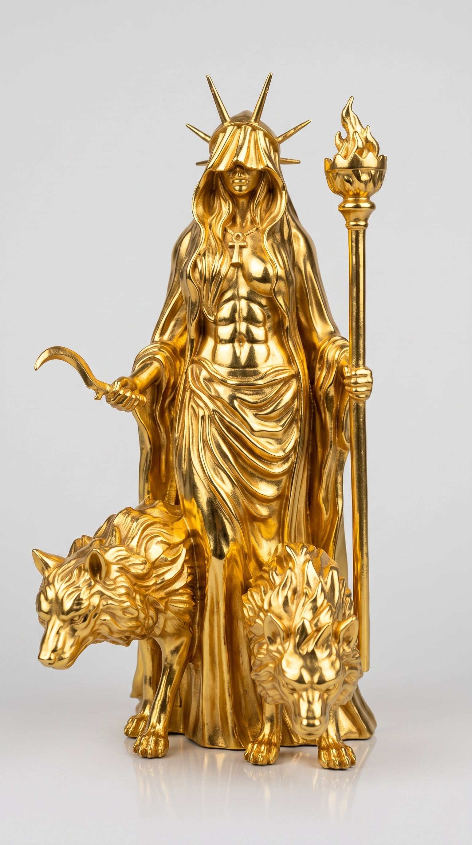 Statua dorata di Ecate con torcia, falcetto e lupi per altare esoterico e arredo di lusso