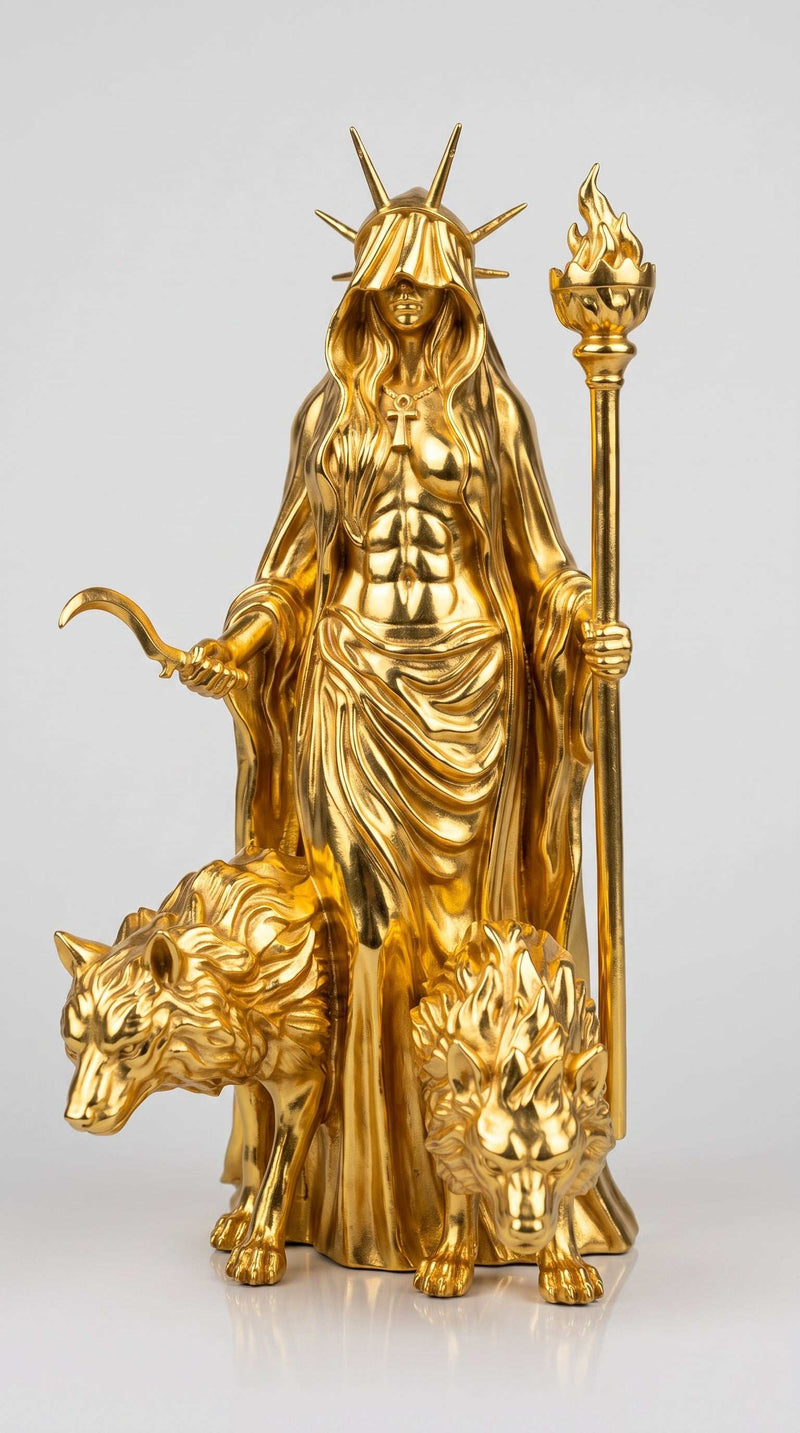 Statua dorata di Ecate con torcia, falcetto e lupi per arredo esoterico e altare Wicca