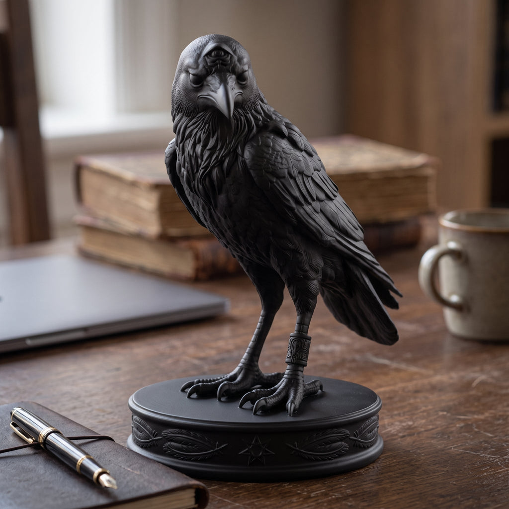 Statuetta di corvo nero con tre occhi, scultura gotica elegante per arredamento casa