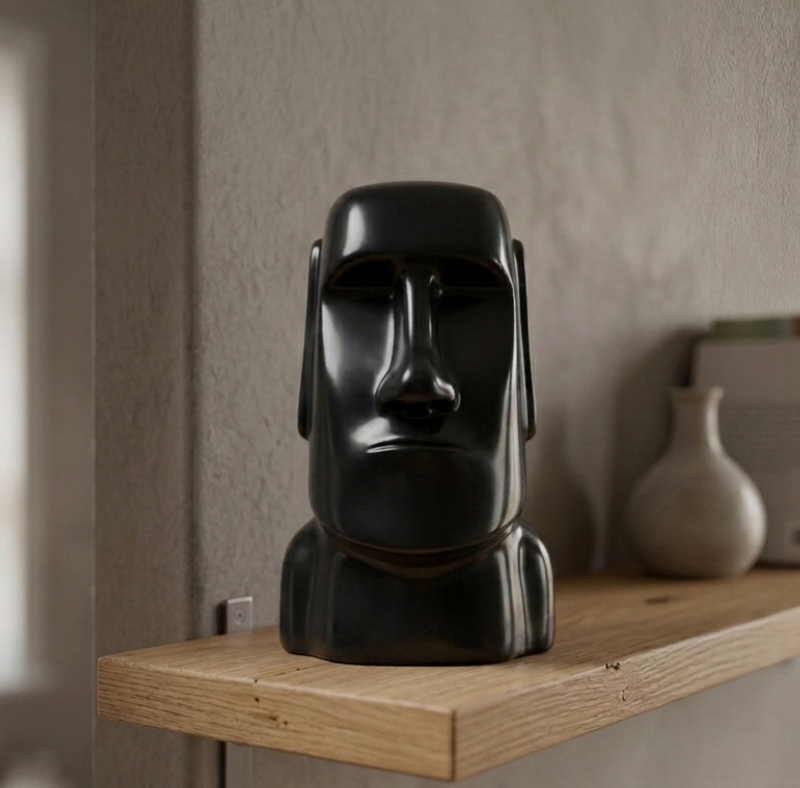 Scultura Moai in nera minimalista con finitura opaca per arredamento moderno e decorazione d'interni elegante