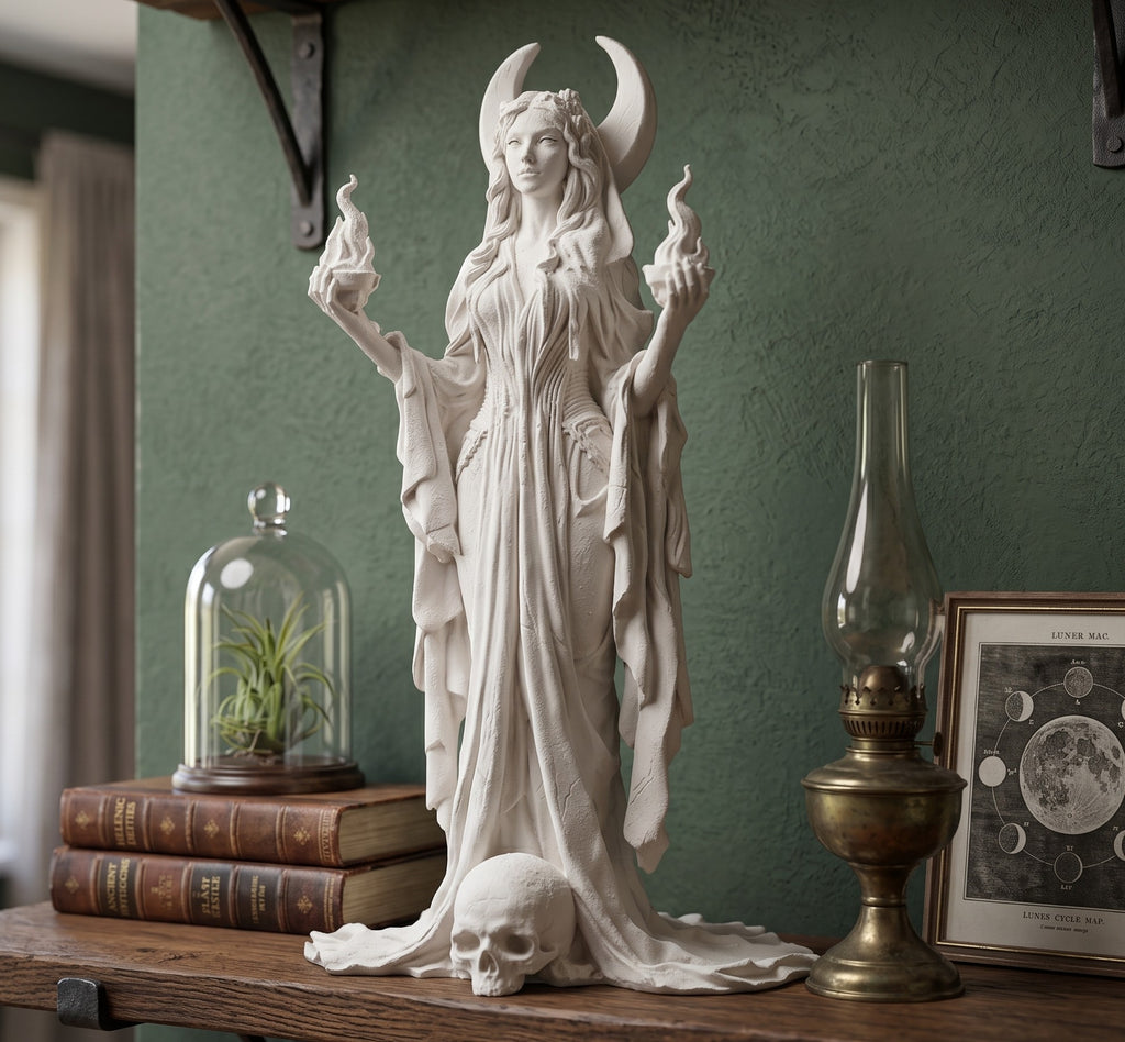 "Hécate" em resina com efeito de gesso branco - Escultura clássica da Deusa da Lua e da Magia com tochas flamejantes e crânio - Ornamento artístico, Wicca e decoração para casa e altar