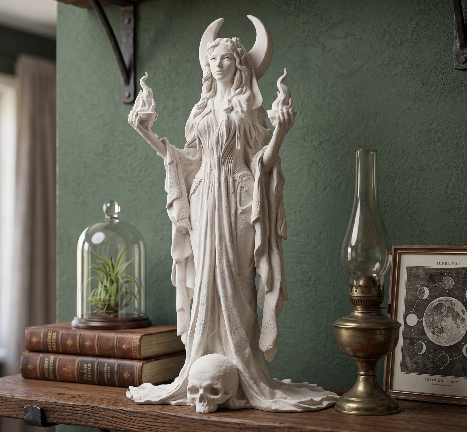 "Hécate" em resina com efeito de gesso branco - Escultura clássica da Deusa da Lua e da Magia com tochas flamejantes e crânio - Ornamento artístico, Wicca e decoração para casa e altar