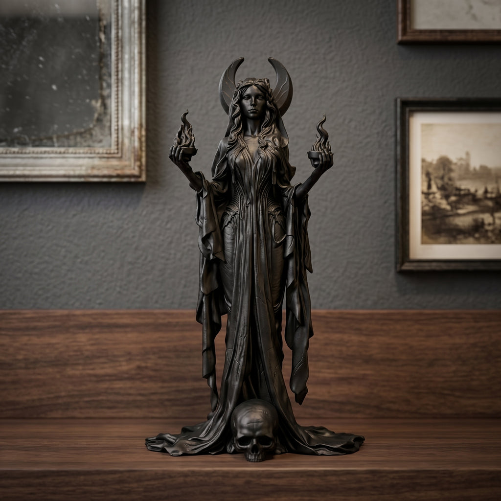 "Ecate / Hecate" in Resina Nero Satinato - Scultura Dea della Magia e della Luna con Torce Fiammeggianti e Teschio - Soprammobile Gotico Pagan Wicca per Casa e Altare