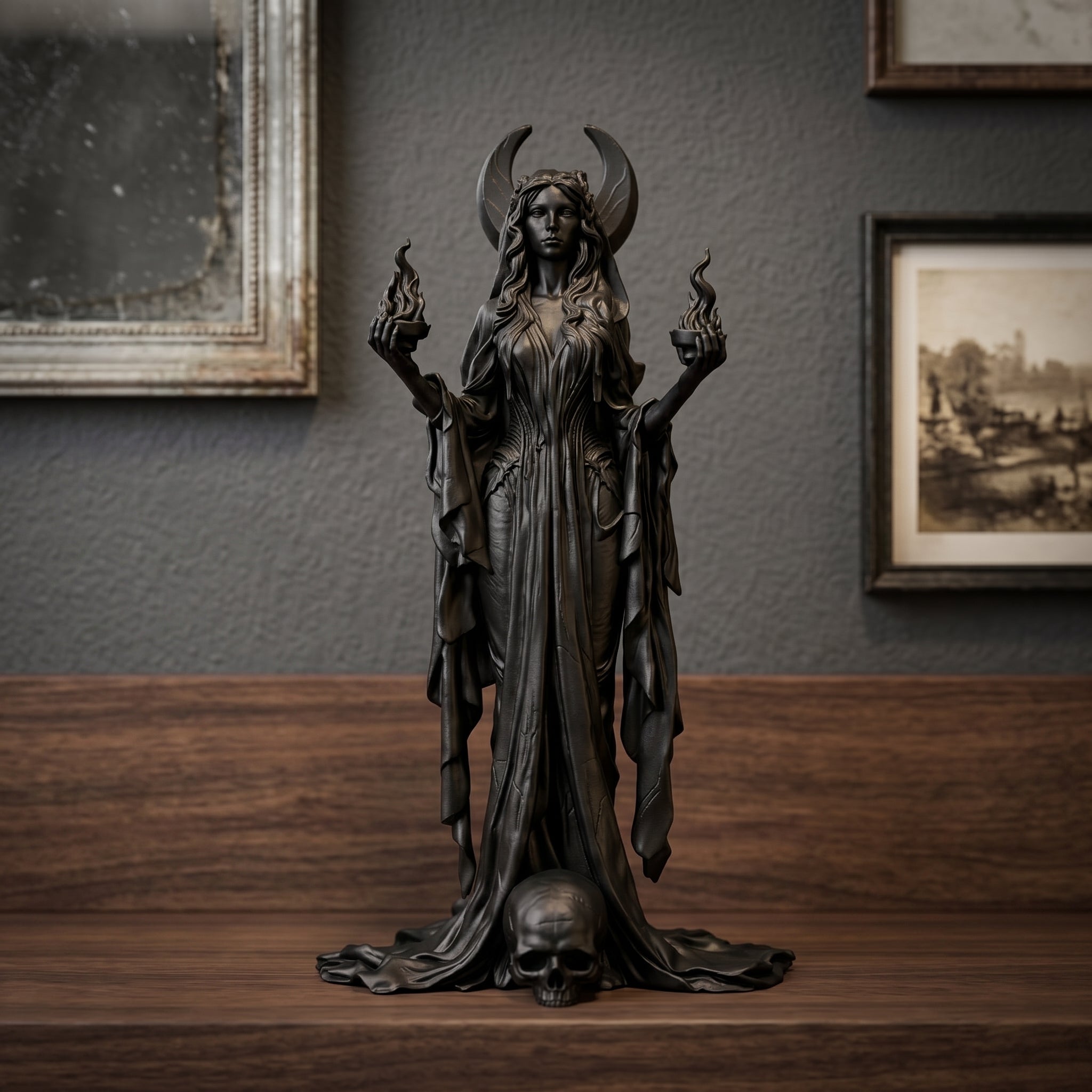"Ecate / Hecate" in Resina Nero Satinato - Scultura Dea della Magia e della Luna con Torce Fiammeggianti e Teschio - Soprammobile Gotico Pagan Wicca per Casa e Altare