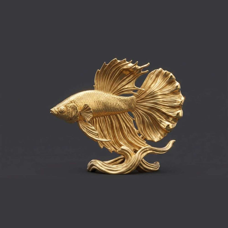 Scultura Pesce Combattente Dorato | Statuetta d'Arredo di Lusso