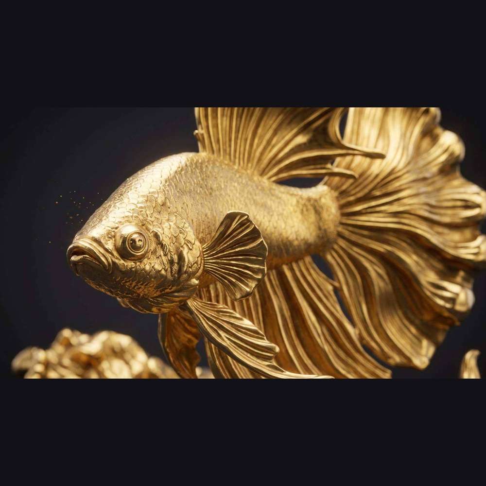 Scultura Pesce Combattente Dorato | Statuetta d'Arredo di Lusso