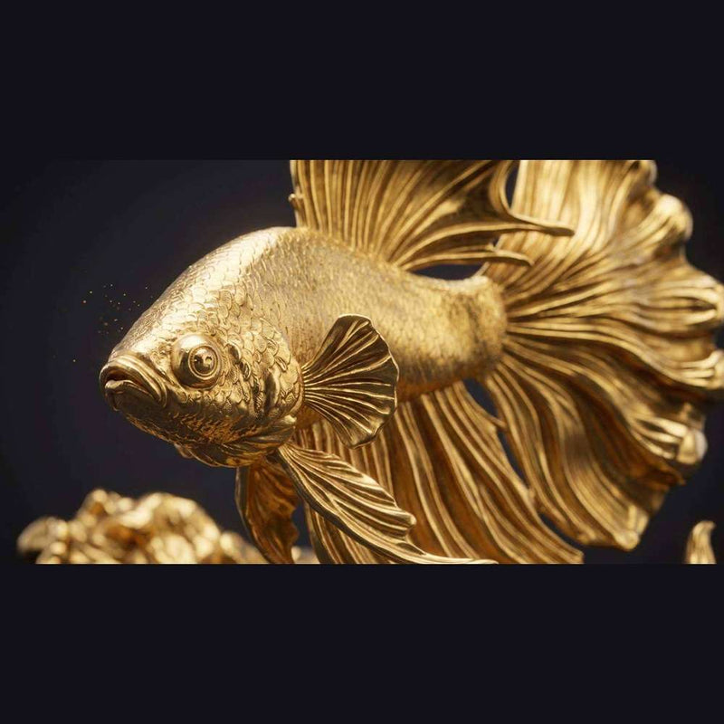 Scultura Pesce Combattente Dorato | Statuetta d'Arredo di Lusso