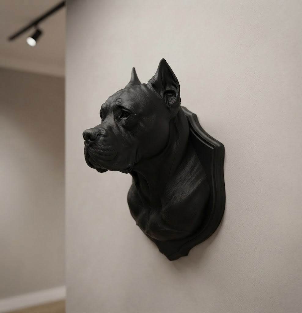 Scultura da Parete Cane Corso / Pitbull - Busto in Resina Nera Opaca - Trofeo Decorativo Moderno Taraflo