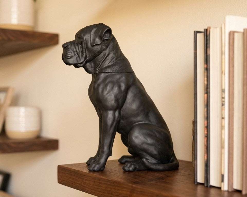 Contenitore Statua Cane Corso Nero, Barattolo Design Moderno con CoperAggiungi un tocco di eleganza misteriosa e funzionalità al tuo spazio con questo esclusivo contenitore ispirato alla potenza del Cane Corso. Perfetto come portaoggetTarafloTarafloUrna per animali - Contenitore Statua Cane Corso