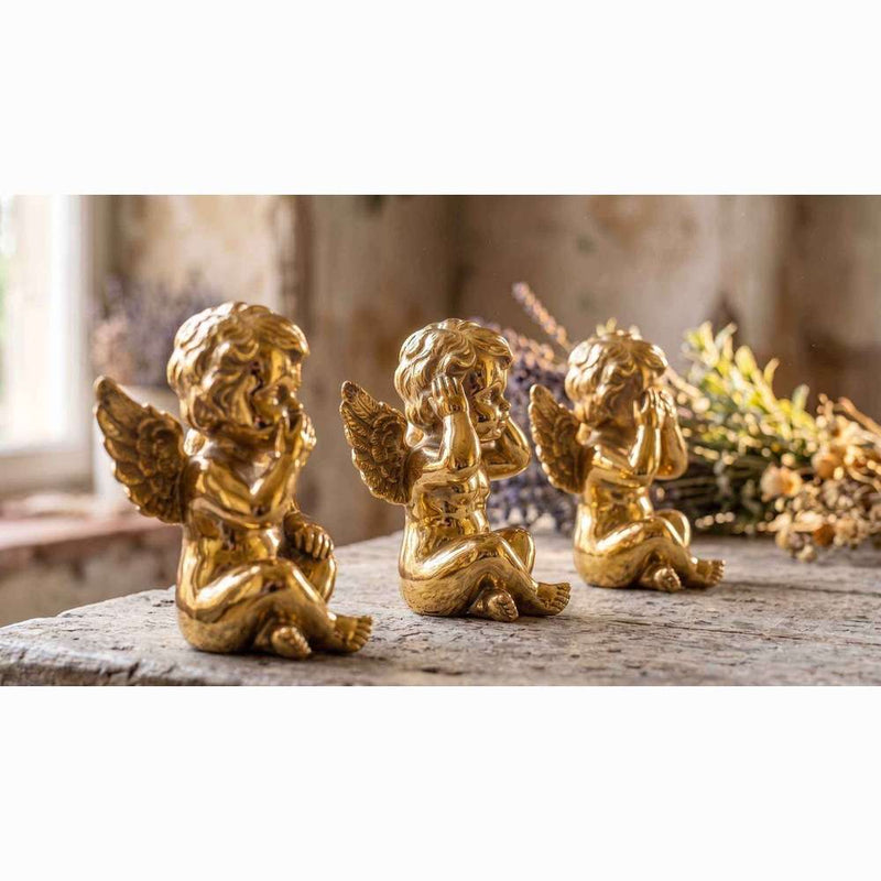 Set 3 Angioletti Dorati "Non Vedo, Non Sento, Non Parlo" – Statuette in Oro Lucido Barocco e Glamour