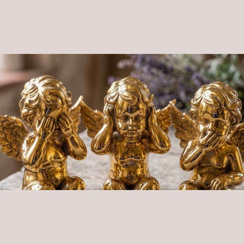 Set di 3 angioletti dorati lucidi in posa "Non vedo, non sento, non parlo" decorazione barocca elegante