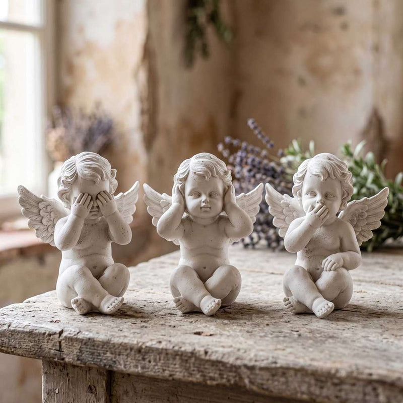 Set 3 Angioletti "Non Vedo, Non Sento, Non Parlo" – Statuette in Resina Vintage per Casa e Giardino